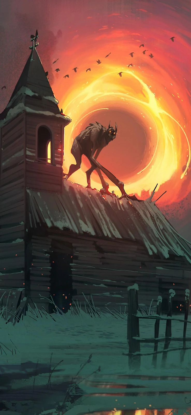 Monster On Old Church Roof - Digital Concept Art Full HD iPhone Wallpaper (1200x2600)