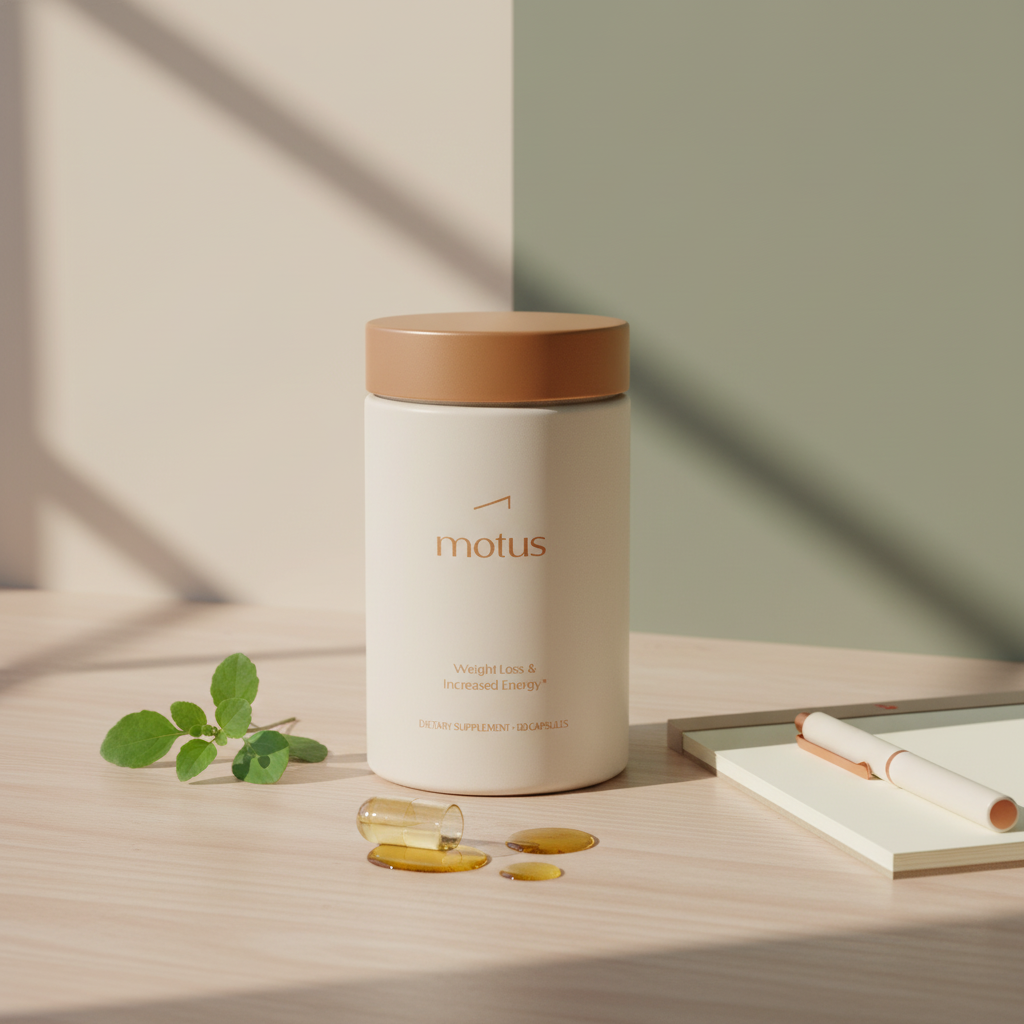 Minimalist still-life of the Nouro supplement jar with bacopa leaves, a split capsule showing golden oil, and a notepad on a wooden surface — best memory supplements