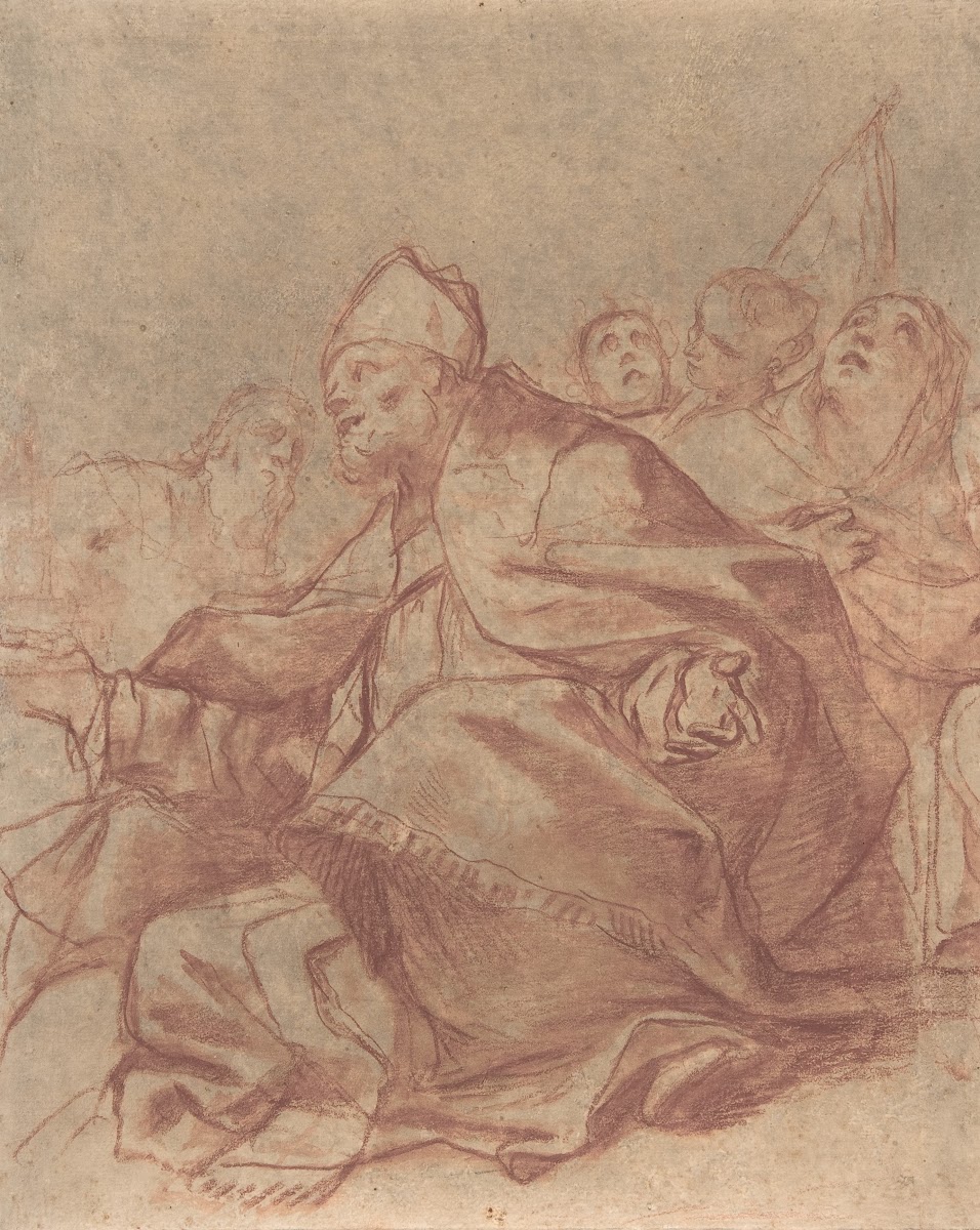 Seated Bishop with Arms Extended and Three Attendant Figures 161399