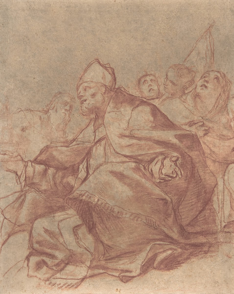 Seated Bishop with Arms Extended and Three Attendant Figures 161399
