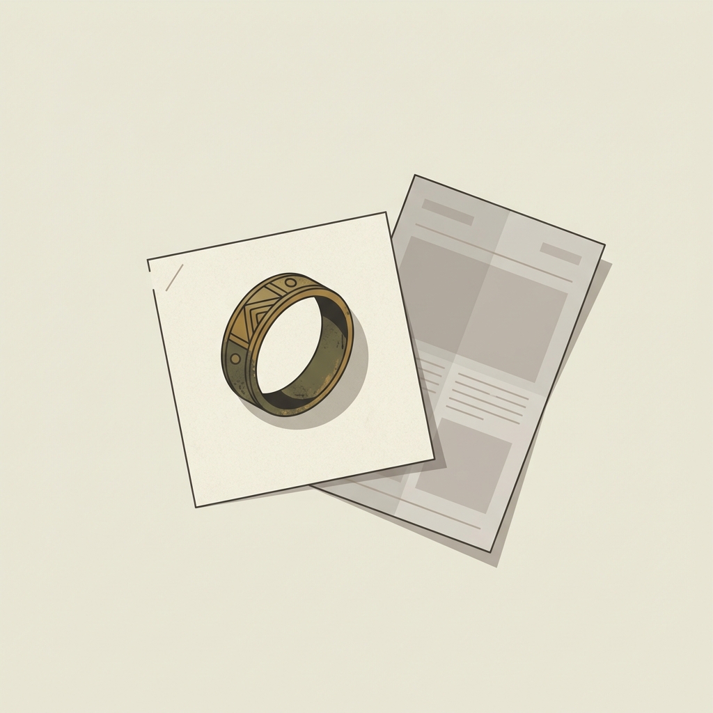 Minimalist 2D vector of an ancient Viking ring on archival paper next to a printed site report excerpt evoking collector context ancient viking rings for sale