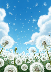 Dandelion Field Sky White Seeds Flying Blue Sky