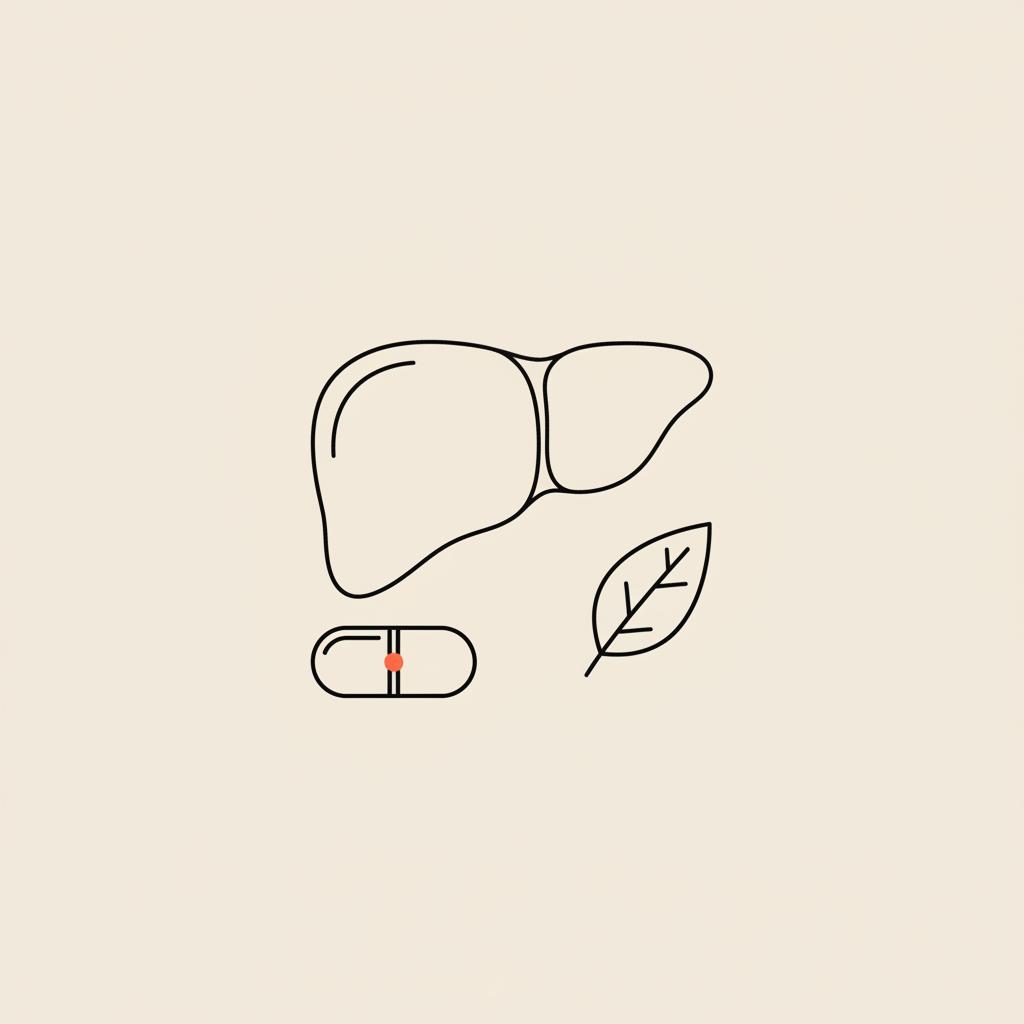 Minimal Tonum-style line illustration of a liver, capsule, and leaf on a beige background representing fatty liver and liver health.