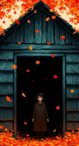 Moody Painterly Illustration of a Girl in a Doorway with Falling Orange Autumn Leaves