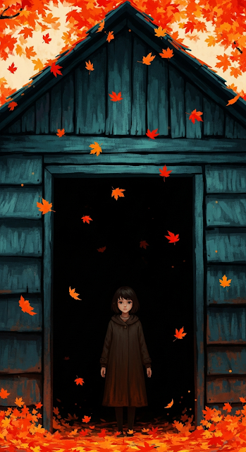 Moody Painterly Illustration of a Girl in a Doorway with Falling Orange Autumn Leaves - Free mobile Wallpaper