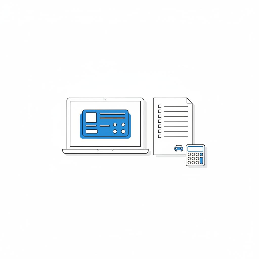 Minimalist 2D vector workspace with laptop showing a blue auction card placeholder, printed checklist, calculator, and small car silhouette suggesting repossessed cars for sale