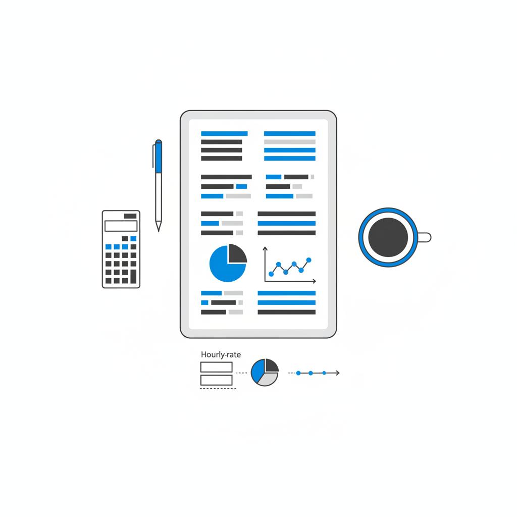 Minimal 2D vector desk scene with calculator, worksheet charts, pen and coffee cup illustrating contractor hourly rate calculations