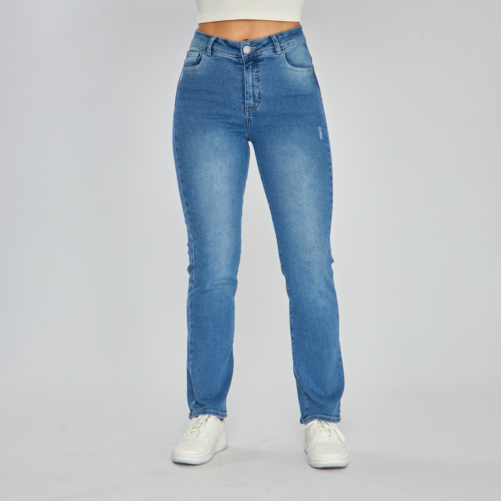 Jean tiro alto bota slim en denim stretch, color azul medio - Vista 3