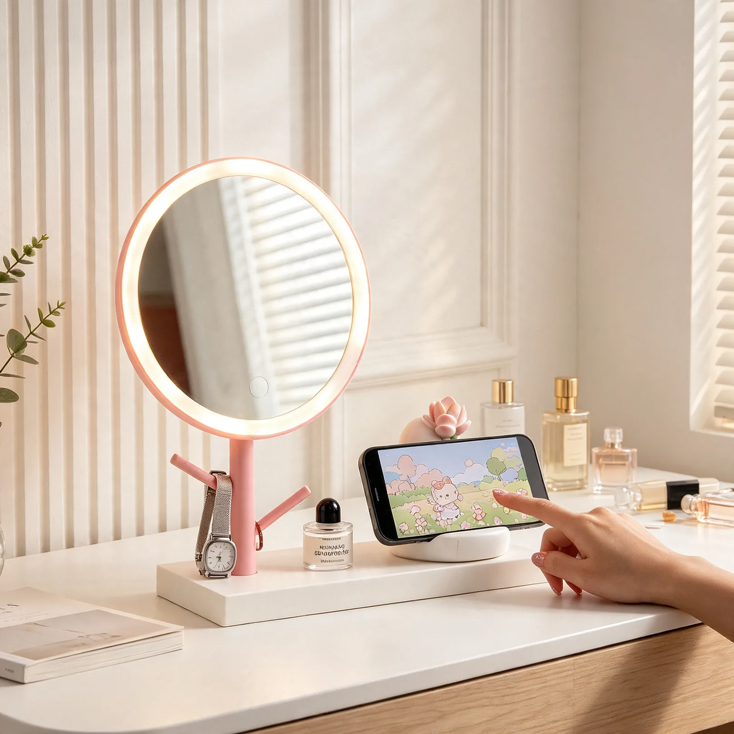 Cosmetic mirror with phone stand, ABS plastic