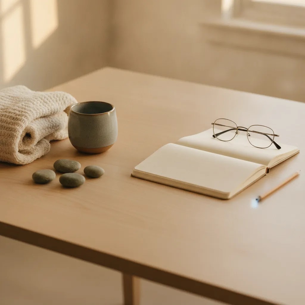 Comparison-style image of emotional regulation techniques using calming sensory objects and reflective journaling tools
