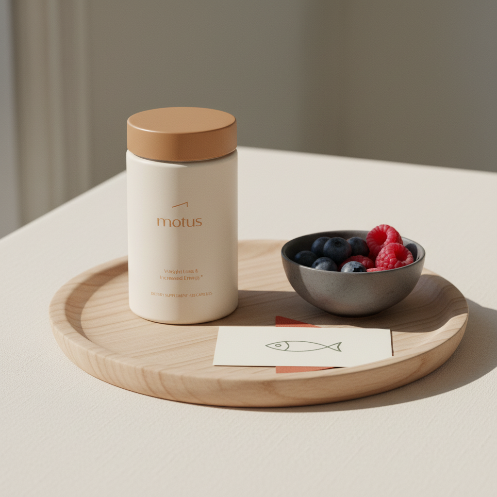 Tonum Motus jar on a round wooden tray with a small bowl of berries and an omega-3 fish icon card in a minimalist warm clinical scene; balance my cortisol to lose weight