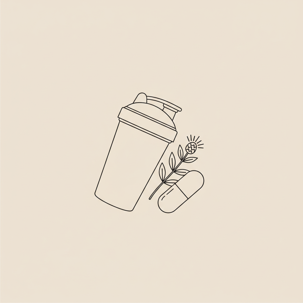 Minimalist line illustration of a shaker bottle, capsule, and milk thistle sprig on beige #F2E5D5 background in Tonum style — protein shake for weight loss