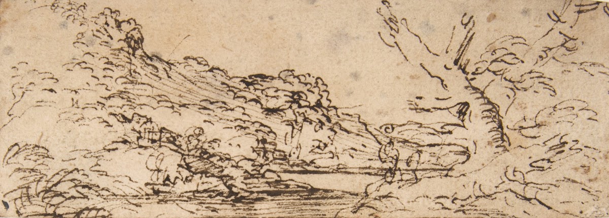 Landscape with hills and a lake trees in right foreground 161573