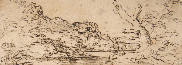 Landscape with hills and a lake trees in right foreground 161573