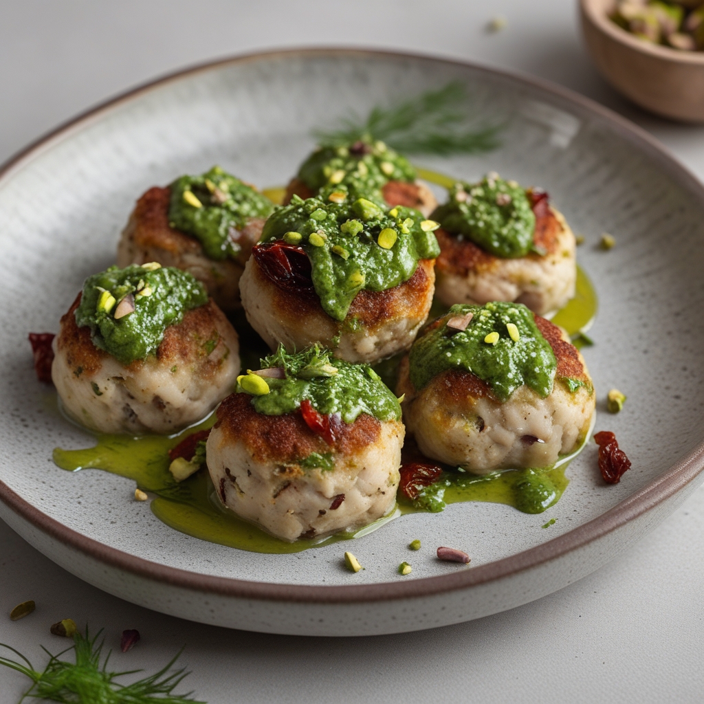 Crispy Baked White Bean & Sun-Dried Tomato Meatballs with Zesty Pistachio-Dill Pesto