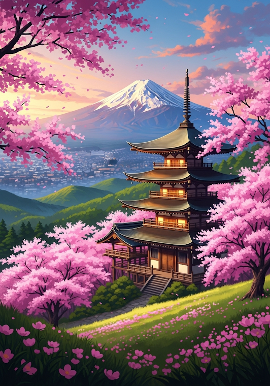 Spring Bloom at Japanese Temple with Fuji
