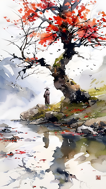 Solitary Traveler Under Autumn Maple Tree Watercolor Art - Free mobile Wallpaper