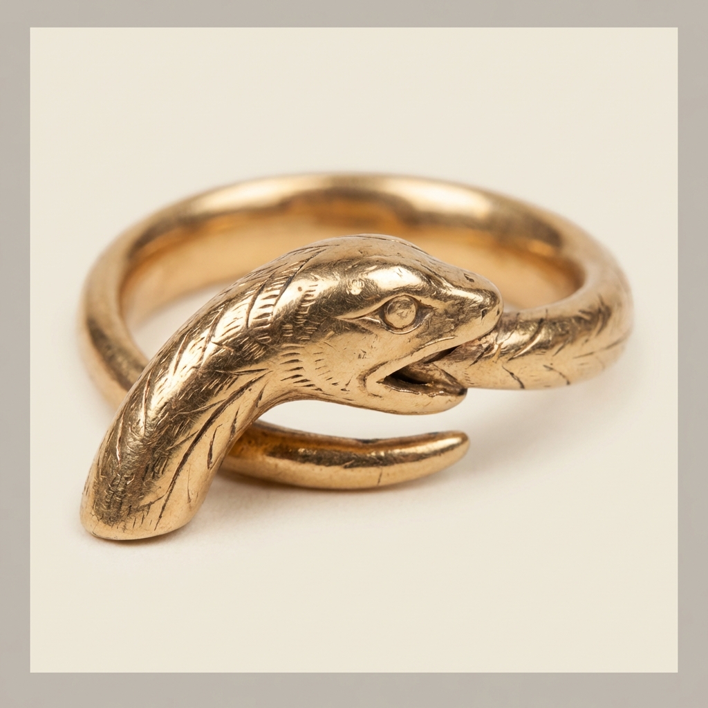Macro close up of a gold ouroboros head and tail junction showing scale tooling and intaglio bezel wear on a flat cream background