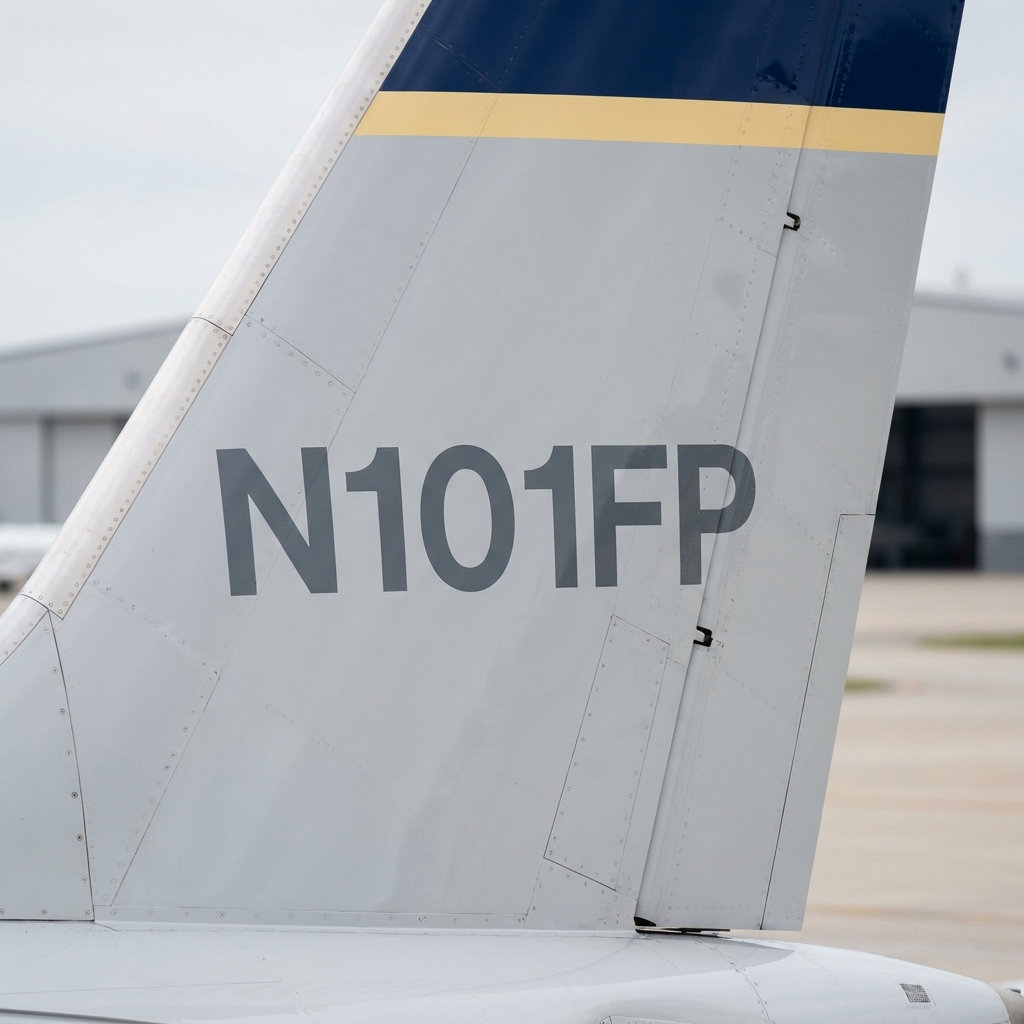 Close up of aircraft tail number for verification at a neutral airport background minimalist Funded Plays aesthetic for live golf betting article