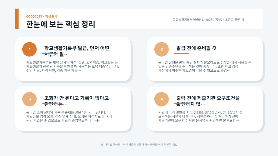 학교생활기록부 일반용과 대입전형용을 구분해 신청하고 출력하는 절차를 설명하는 교육 민원 서류