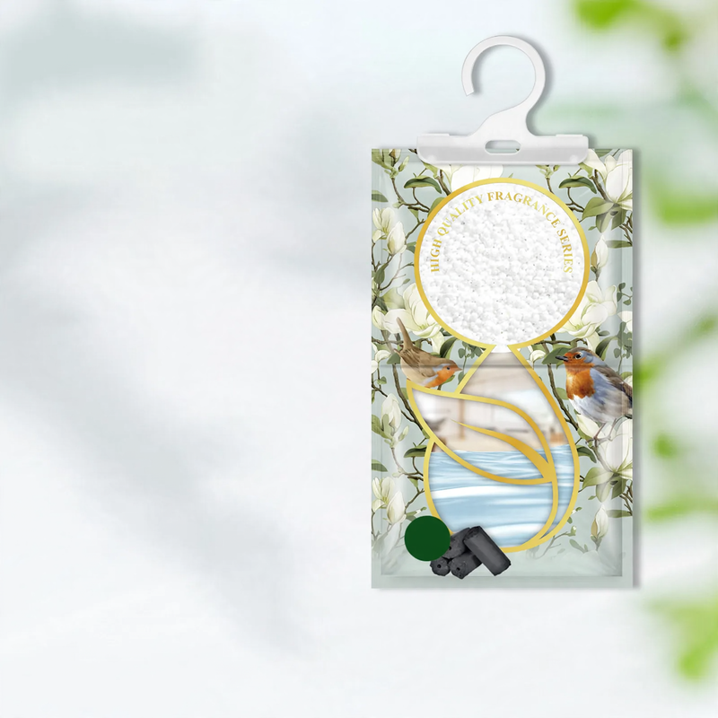 Fragrance dehumidifying bag for hanging in closets