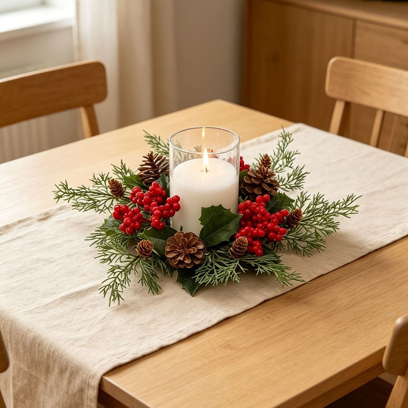 Christmas candle wreath with pine cones and red berries