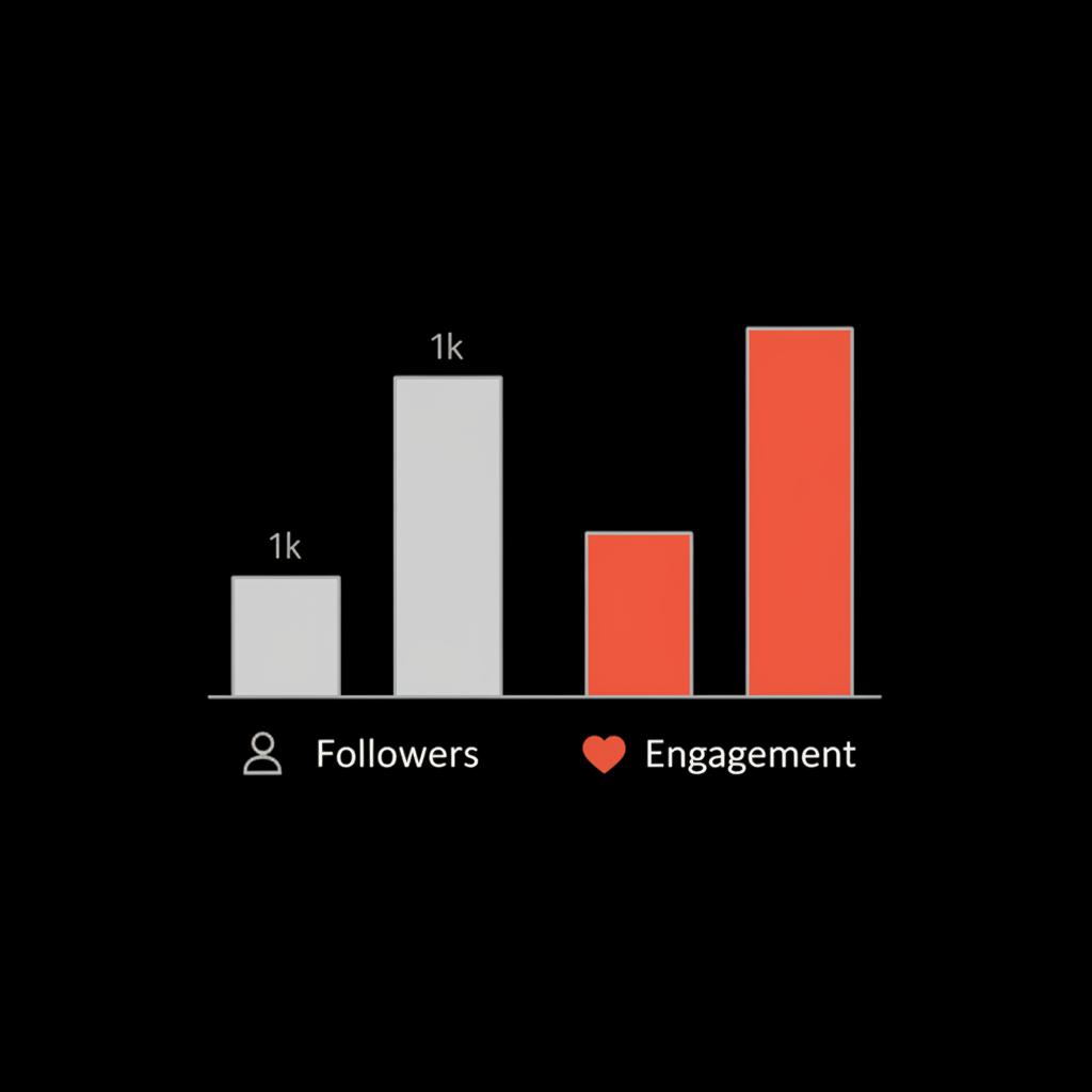 Minimal bar chart infographic comparing engagement vs followers using brand colors, illustrating 1000 followers pay on Instagram with vector icons on black background