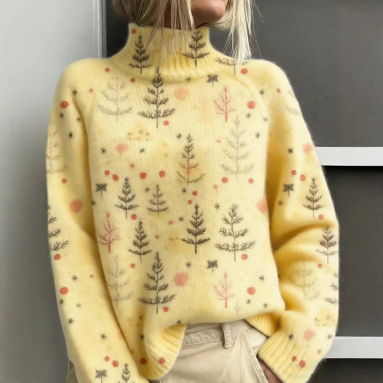 Loosely cut women's turtleneck sweater with Christmas print