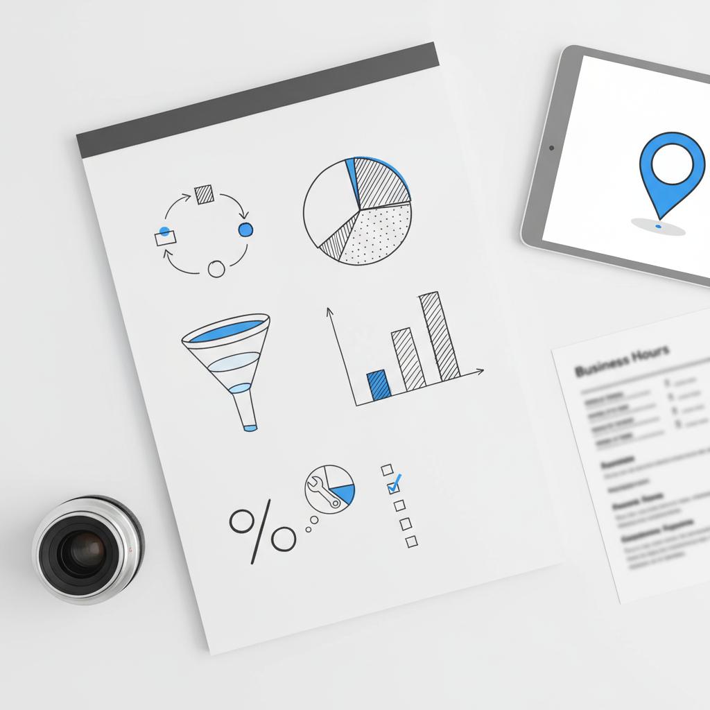 Overhead minimalist flat-lay of notebook-style sketches, tablet with a map marker, printed service-hours and a camera lens illustrating the cost to set up Google Business Profile