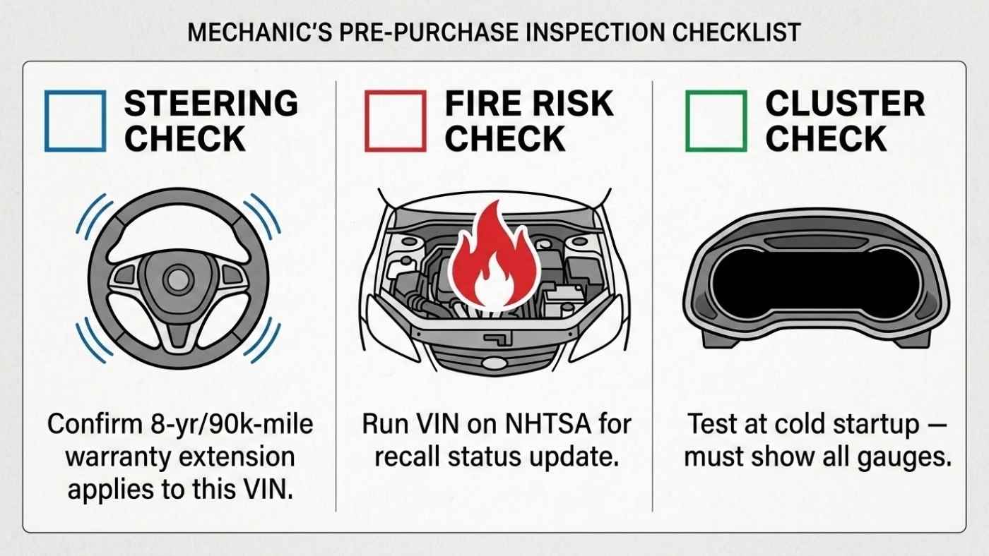 Mechanic checklist graphic showing steering, fire risk, and cluster checks for used Jeep Gladiator VIN inspection.