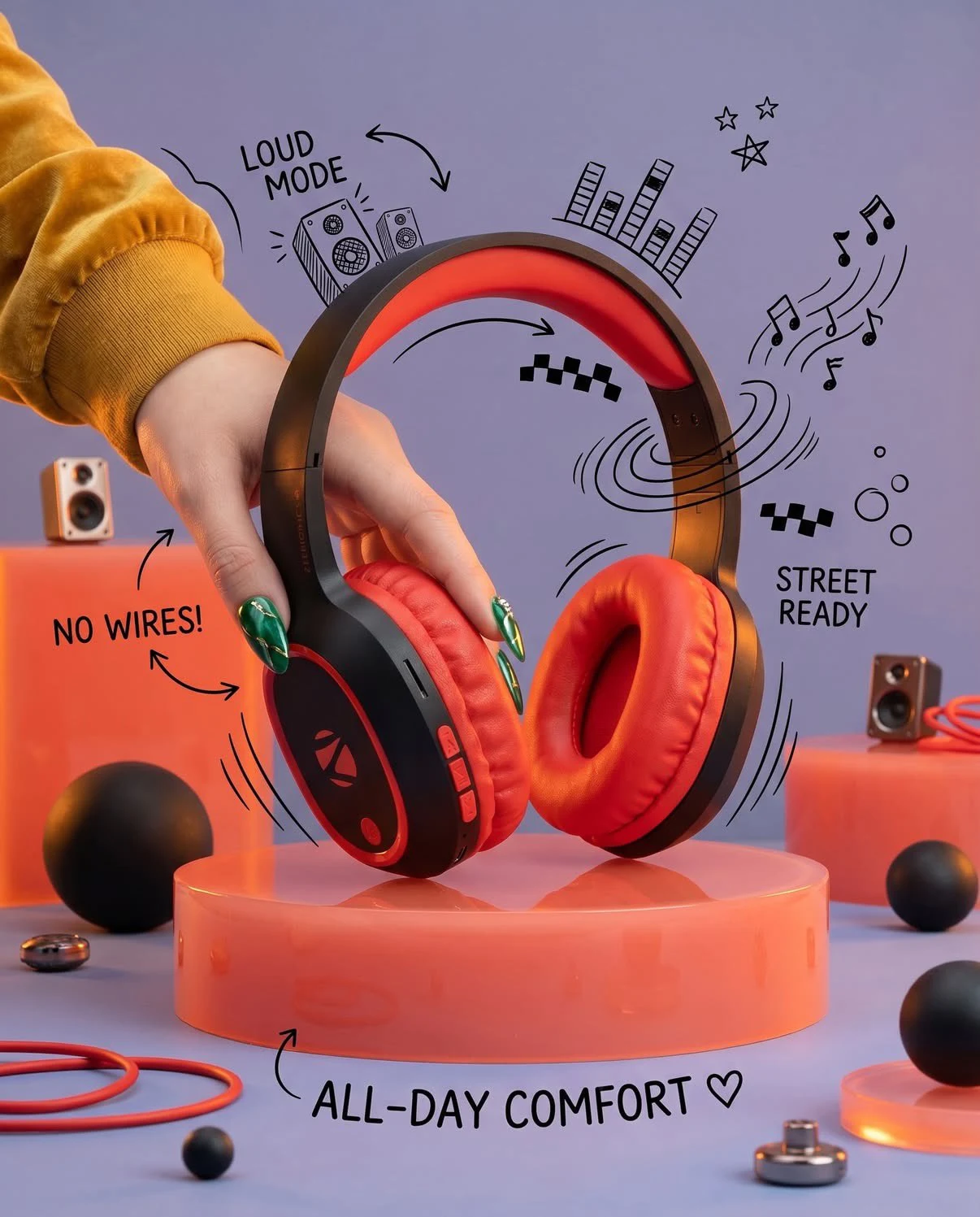 Fotografía de producto de auriculares inalámbricos neón ultrarrealistas