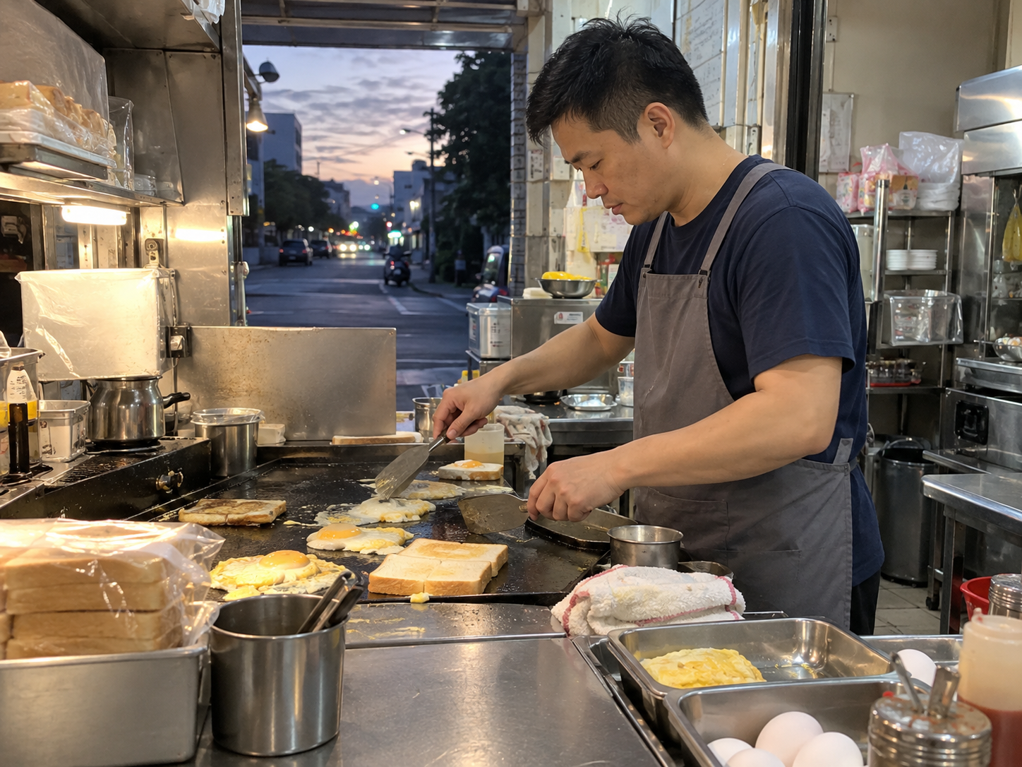 早餐店老闆在清晨重複製作吐司與蛋