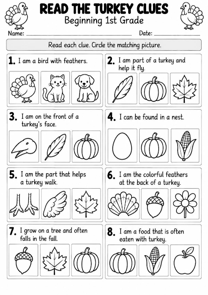 Turkey Reading Clues Worksheet