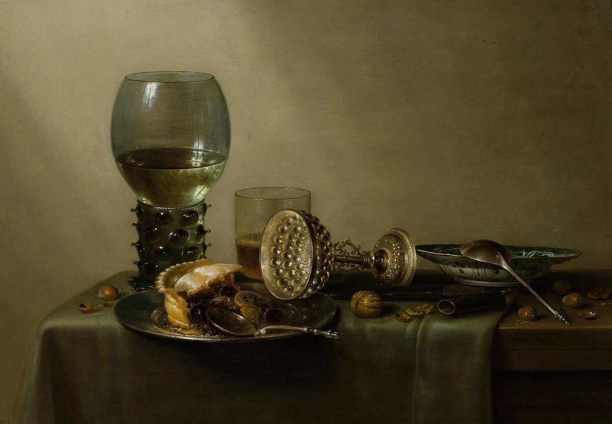 Dessert still life with cake wine beer and nuts 1637