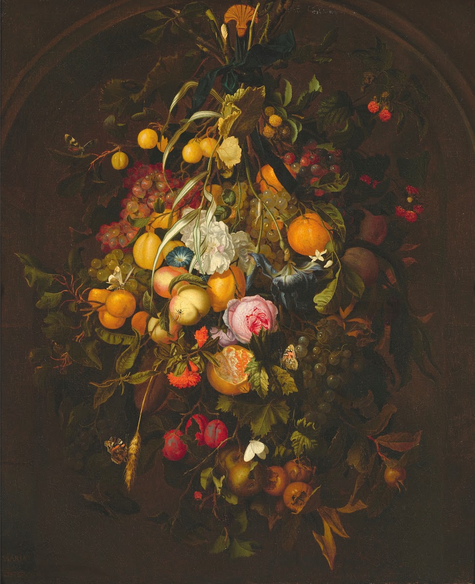 Une Botte de fruits de baies et de fleurs suspendue dans une niche 17th century