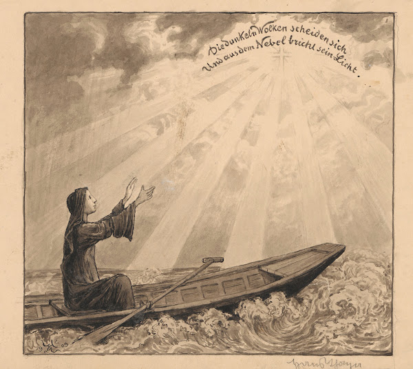 Woman in a boat reaching towards a cross with her hand 1909