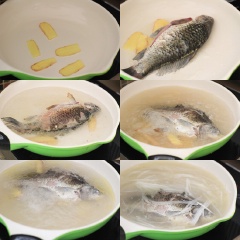 Cá chép làm sạch, đánh vẩy, bỏ vây, ruột rồi rửa sạch. Củ cải trắng đem bào sợi nhỏ. Phết dầu ăn vào chảo rồi cho gừng vào xào trong 30 giây. Nhẹ nhàng cho cá vào. Để cá khoảng 30 giây trên lửa vừa cho đến khi cá sém vàng. Lật cá và chiên mặt thứ 2. Sau đó, bạn cho 2 lít nước vào, đủ để làm chìm cá. Thêm rượu nấu ăn, hành lá sau đó vặn lửa lớn, đun sôi. Thêm củ cải trắng nạo sợi vào.