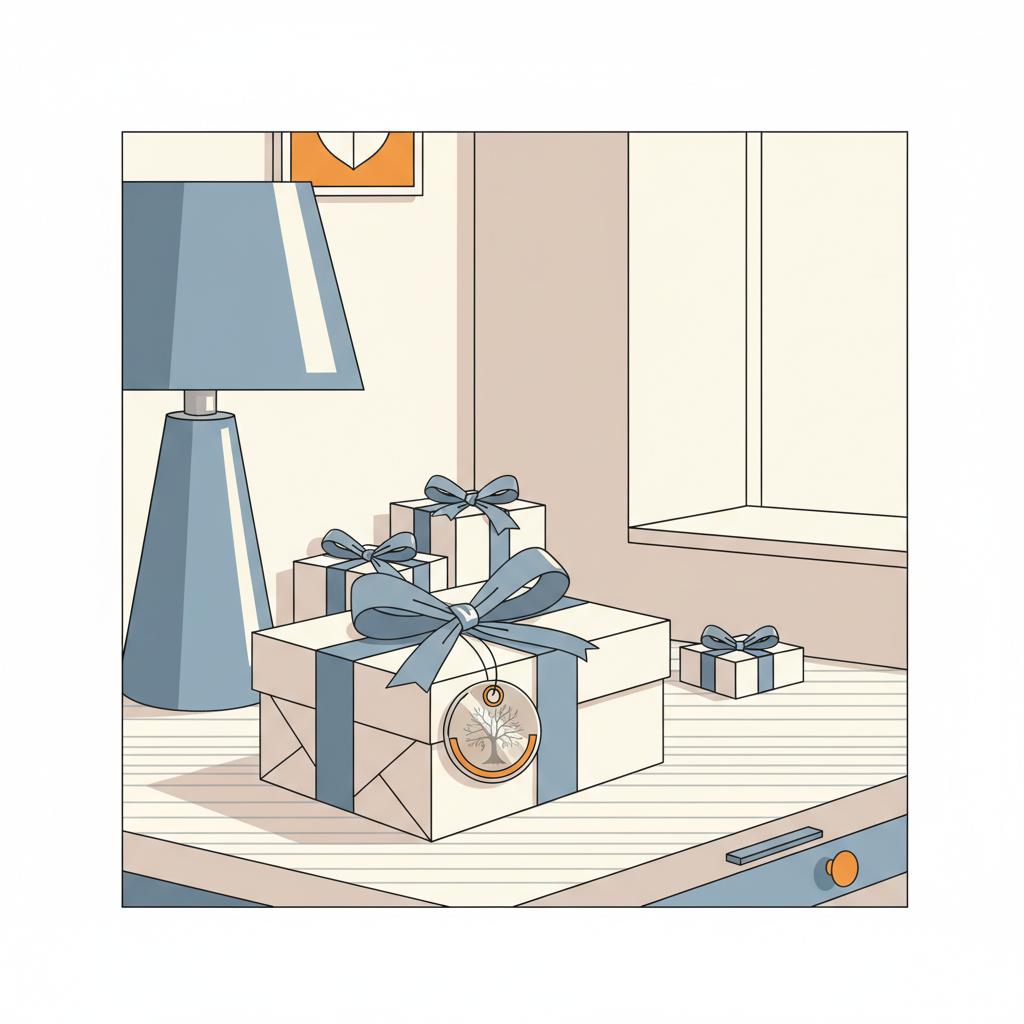 Minimalistische 2D-Vektorillustration eines gedeckten Tisches mit persönlichen Geschenken und graviertem Metallanhänger im Fokus, ideen 18. geburtstag
