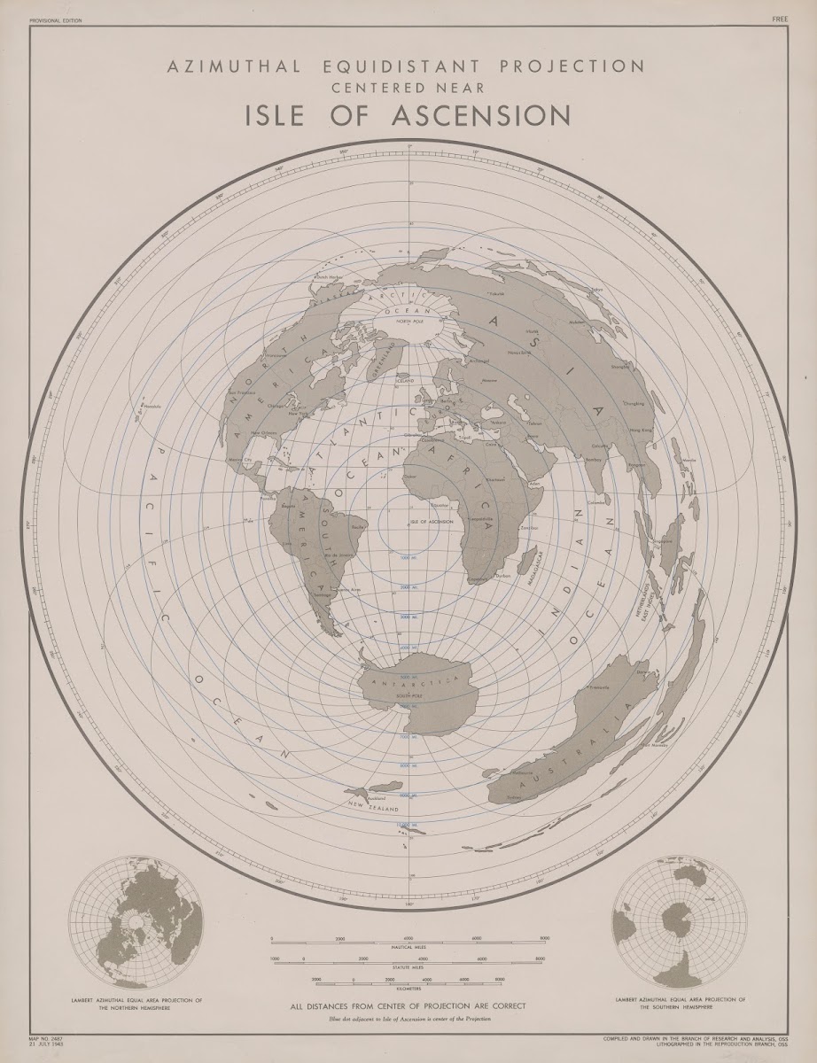 Azimuthal equidistant projection centered near Isle of Ascension 1943