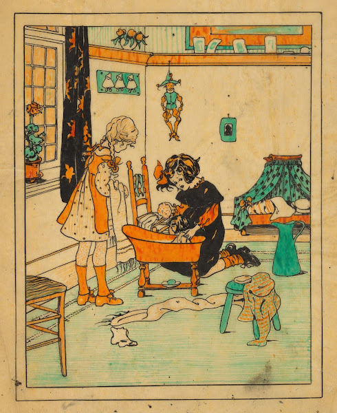 Twee meisjes doen een pop in bad 1916 1917