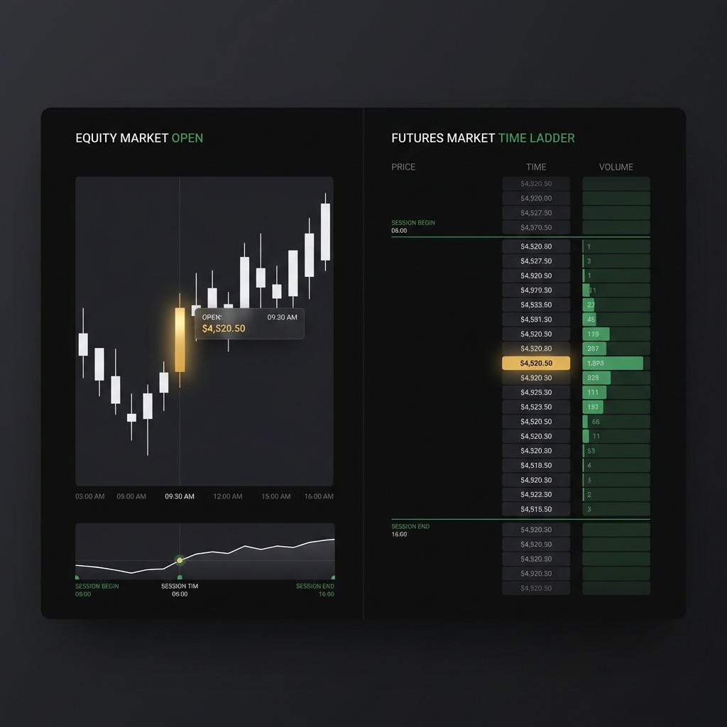 Split screen showing equity market open with candlestick chart on left and futures time ladder on right subtle session time annotations in brand colors how do you start day trading