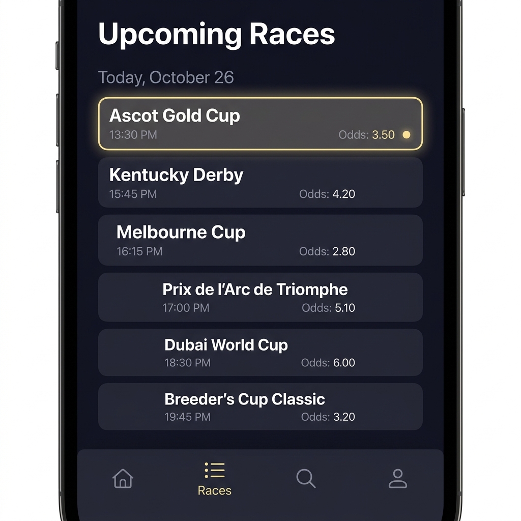 Close up racebook mobile app screen displaying race names times and odds in minimalist Funded Plays style horse racing betting near me