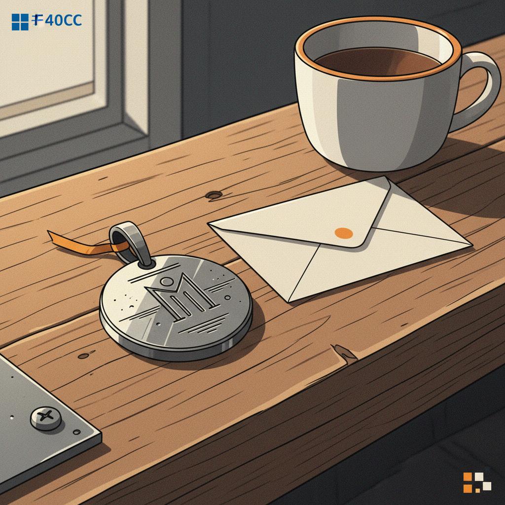 Detailaufnahme eines handgravierten Metallanhängers auf rustikalem Holz mit Brief und Tasse — Geschenkideen für erwachsene Söhne, minimalistische 2D Vektor-Illustration.