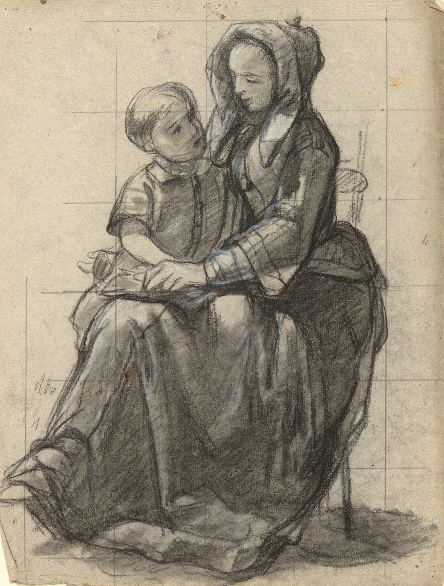 Mother and child sketch for Signing of the Compact in the Cabin of theMayflower