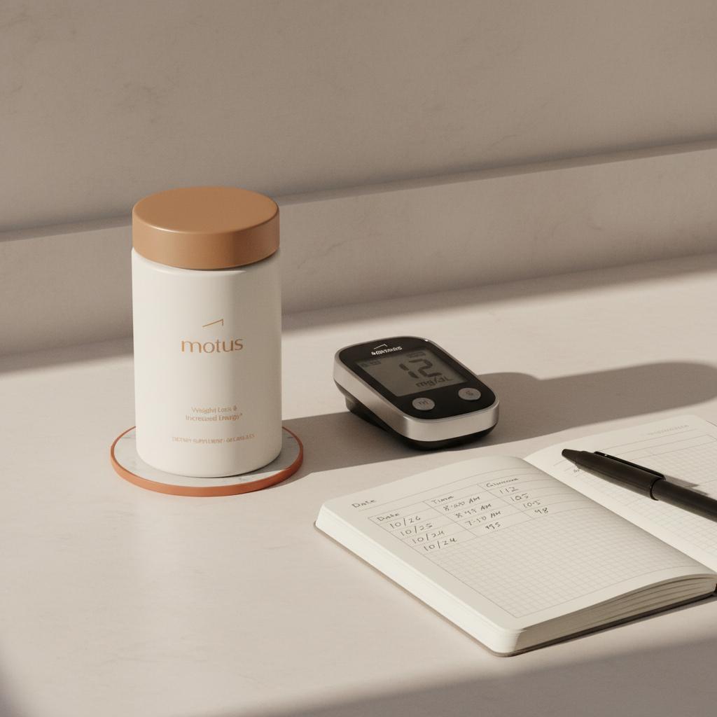 Minimalist pharmacy countertop with glucose meter, simple glucose log notebook and Motus bottle from reference photos illustrating how much can A1C drop in 3 months