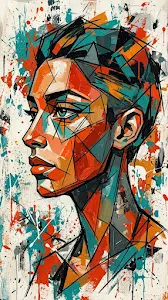 Abstract Cubist Face Portrait with Bold Colors and Textures
