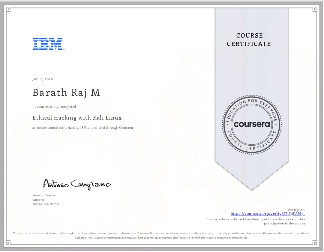 IBM Ethical Hacking with Kali Linux — Certificate