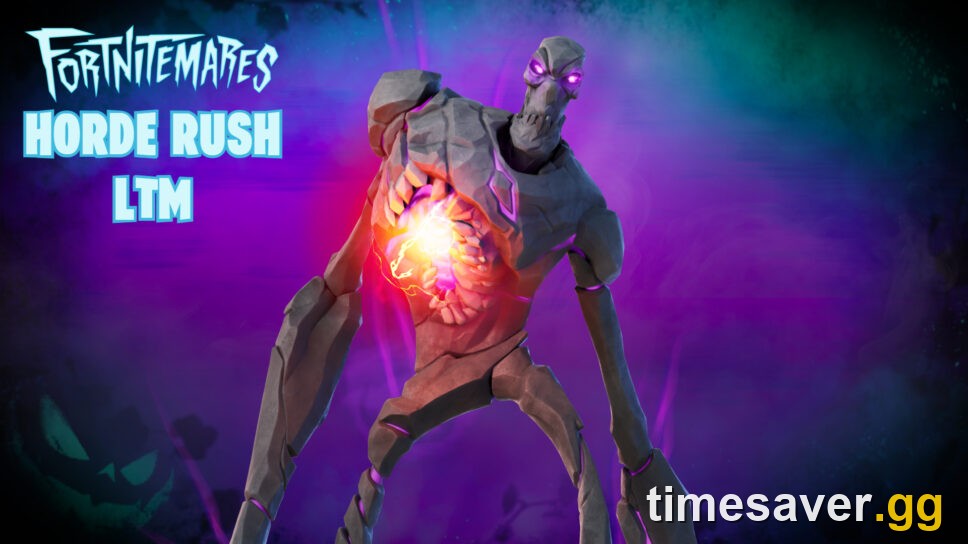 Fortnitemares Horde Rush limited-time mode key art, labelled with the mode name — the co-op horde event returning for Fortnitemares 2026