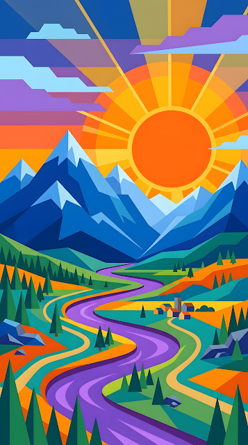 Abstract Landscape Illustration of Geometric Mountains and a Sinking Sun - Free mobile Wallpaper