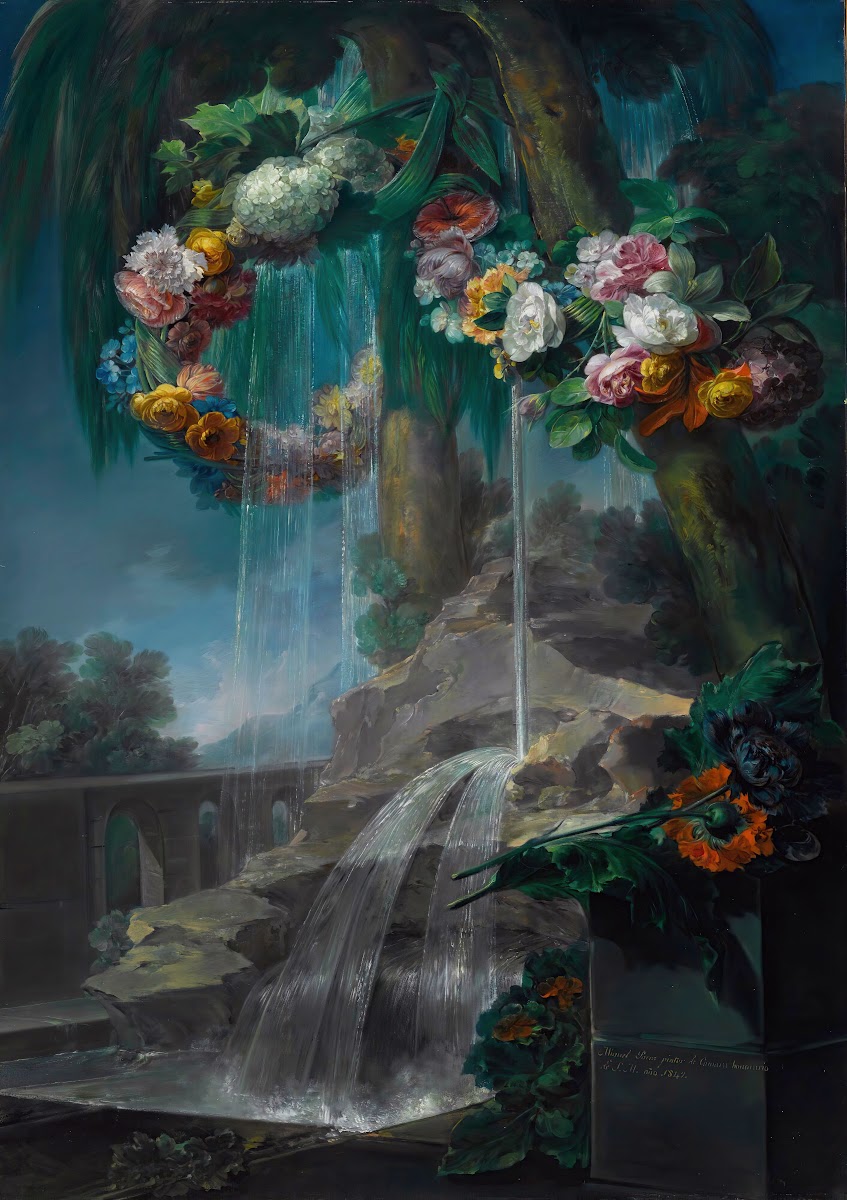 An Outdoor Scene With A Spring Flowing Into A Pool With Garlands Of Flowers And